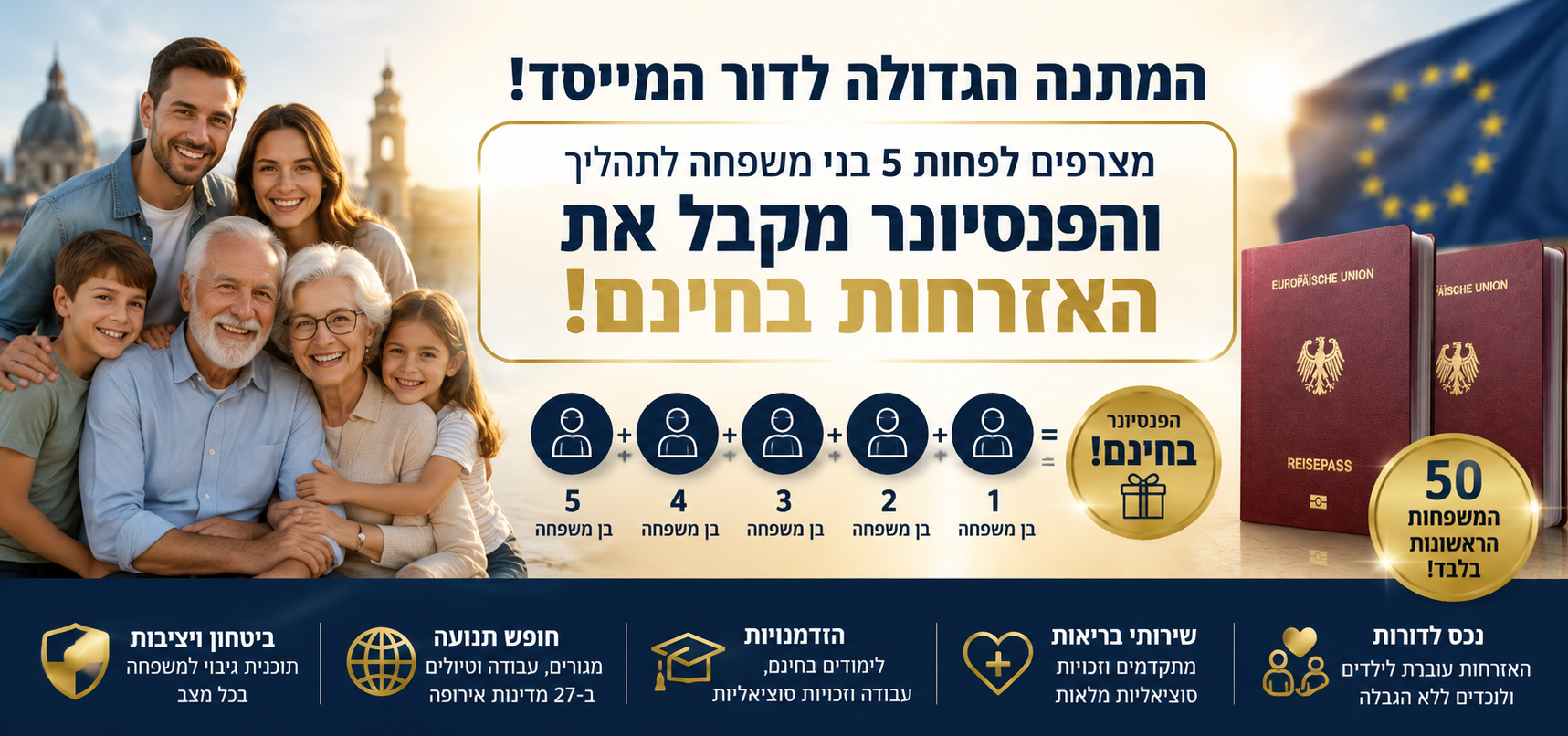 הטבה בלעדית לפנסיונרים: אזרחות אירופאית בחינם, צרפו 5 צאצאים לתהליך וקבלו את תהליך האזרחות שלכם ללא עלות. בדקו זכאות עכשיו