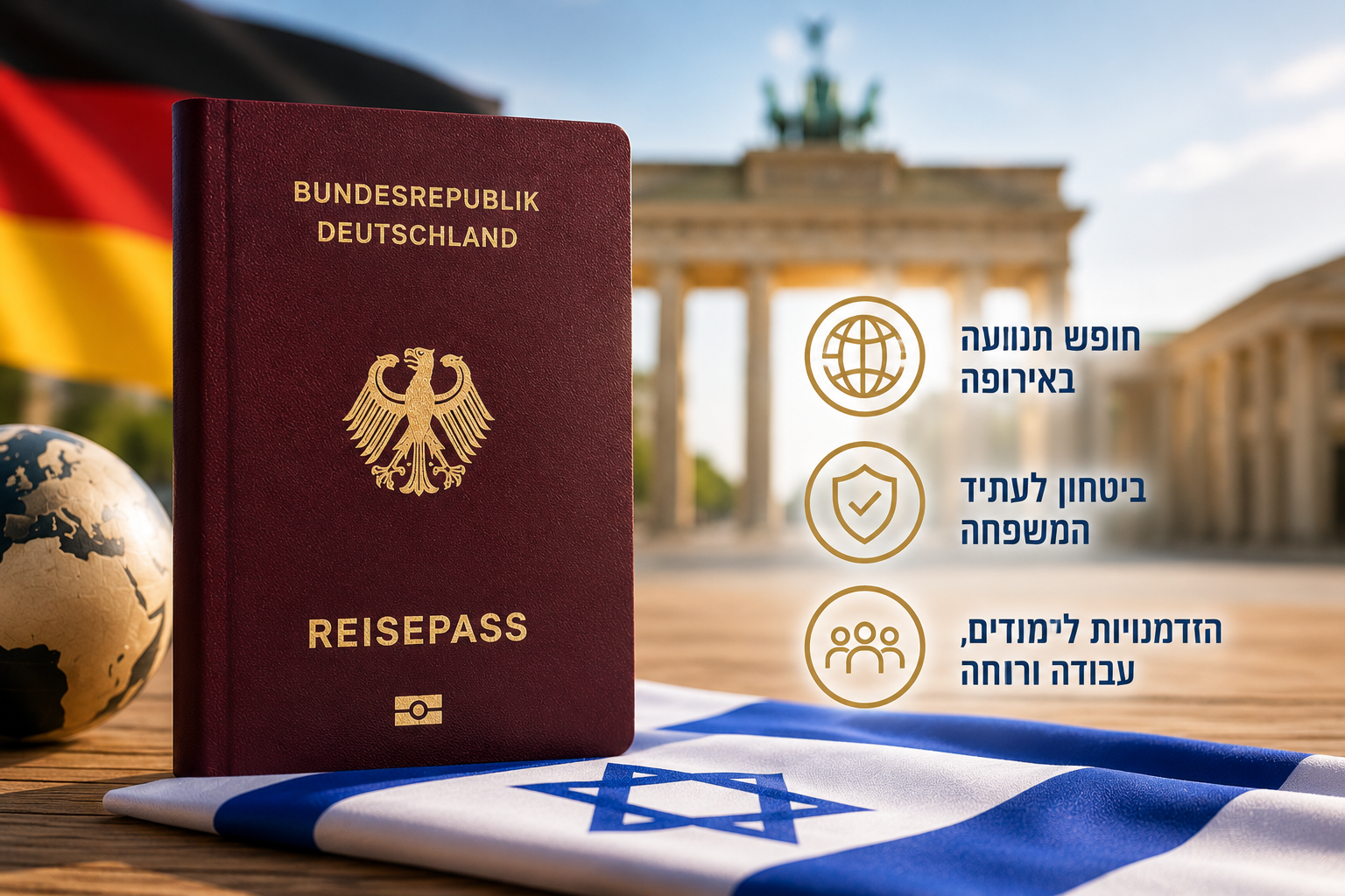 דרכון גרמני על דגל ישראל מול שער ברנדנבורג, אזרחות כפולה ישראל גרמניה